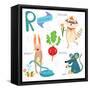 Very Cute Alphabet.R Letter.Rat, Raccoon, Radishes, Rabbit.-Ovocheva-Framed Stretched Canvas