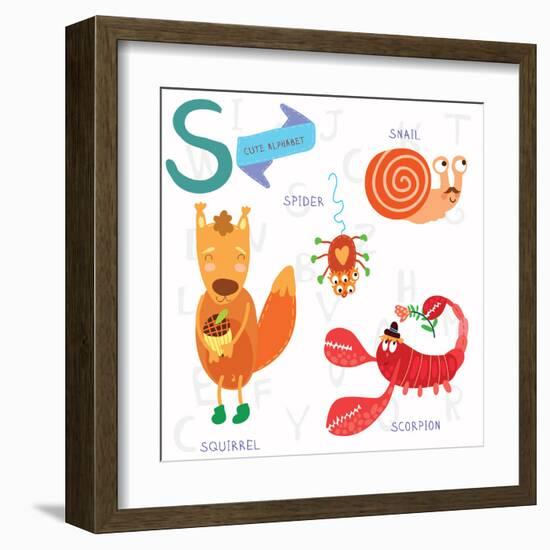 Very Cute Alphabet. S Letter.Squirrel, Scorpion, Spider, Snail.-Ovocheva-Framed Art Print