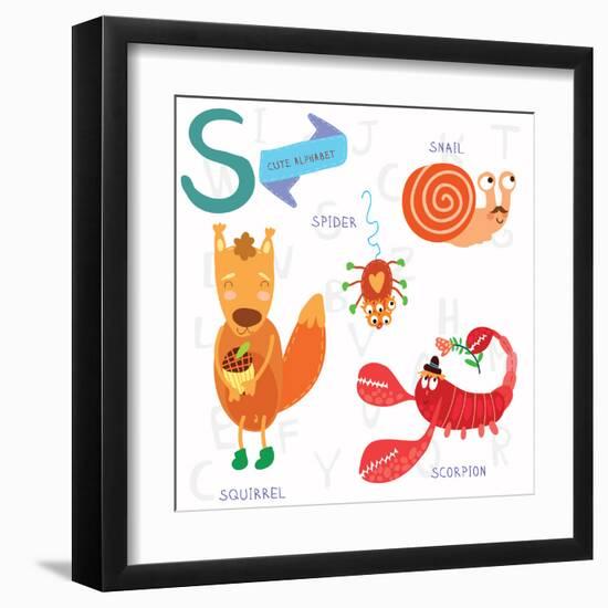 Very Cute Alphabet. S Letter.Squirrel, Scorpion, Spider, Snail.-Ovocheva-Framed Art Print