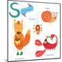 Very Cute Alphabet. S Letter.Squirrel, Scorpion, Spider, Snail.-Ovocheva-Mounted Art Print