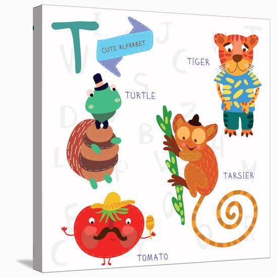 Very Cute Alphabet.T Letter. Tarsier,Turtle, Tomatoes, Tiger.-Ovocheva-Stretched Canvas