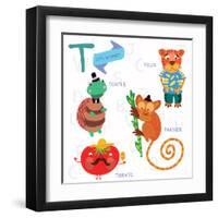 Very Cute Alphabet.T Letter. Tarsier,Turtle, Tomatoes, Tiger.-Ovocheva-Framed Art Print