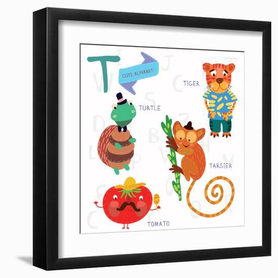 Very Cute Alphabet.T Letter. Tarsier,Turtle, Tomatoes, Tiger.-Ovocheva-Framed Art Print