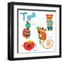 Very Cute Alphabet.T Letter. Tarsier,Turtle, Tomatoes, Tiger.-Ovocheva-Framed Art Print