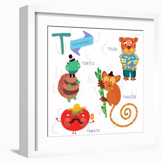 Very Cute Alphabet.T Letter. Tarsier,Turtle, Tomatoes, Tiger.-Ovocheva-Framed Art Print