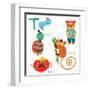 Very Cute Alphabet.T Letter. Tarsier,Turtle, Tomatoes, Tiger.-Ovocheva-Framed Art Print