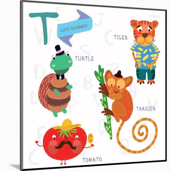 Very Cute Alphabet.T Letter. Tarsier,Turtle, Tomatoes, Tiger.-Ovocheva-Mounted Art Print