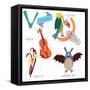 Very Cute Alphabet.V Letter. Vulture,Vampire Bat,Violin,Vanilla.-Ovocheva-Framed Stretched Canvas