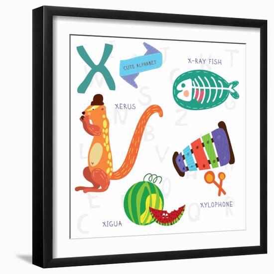 Very Cute Alphabet.X Letter. Xerus,X-Ray Fish,Xylophone,Xigua-Ovocheva-Framed Art Print