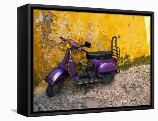 Vespa and Yellow Wall in Old Town, Rhodes, Greece-Tom Haseltine-Framed Stretched Canvas