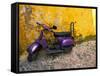 Vespa and Yellow Wall in Old Town, Rhodes, Greece-Tom Haseltine-Framed Stretched Canvas