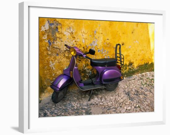 Vespa and Yellow Wall in Old Town, Rhodes, Greece-Tom Haseltine-Framed Photographic Print