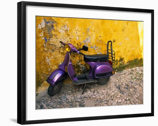 Vespa and Yellow Wall in Old Town, Rhodes, Greece-Tom Haseltine-Framed Photographic Print