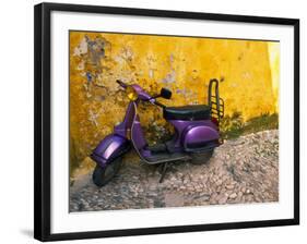 Vespa and Yellow Wall in Old Town, Rhodes, Greece-Tom Haseltine-Framed Photographic Print