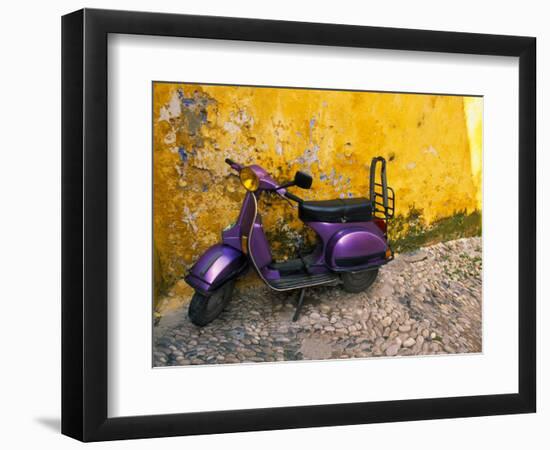 Vespa and Yellow Wall in Old Town, Rhodes, Greece-Tom Haseltine-Framed Photographic Print