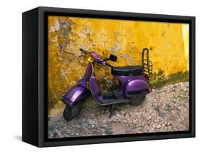 Vespa and Yellow Wall in Old Town, Rhodes, Greece-Tom Haseltine-Framed Stretched Canvas