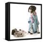 Veterinary Care - German Shorthaired Pointer Dressed as a Veterinarian Looking after Sick Puppy-Willee Cole-Framed Stretched Canvas