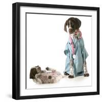 Veterinary Care - German Shorthaired Pointer Dressed as a Veterinarian Looking after Sick Puppy-Willee Cole-Framed Premium Photographic Print