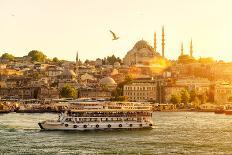 Tourist Boat Floats on the Golden Horn in Istanbul at Sunset, Turkey-Viacheslav Lopatin-Stretched Canvas