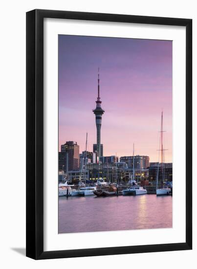 Viaduct Harbour and Sky Tower at Sunset, Auckland, North Island, New Zealand-Ian Trower-Framed Photographic Print