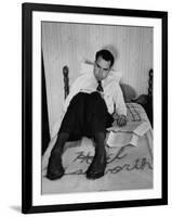 Vice Presidential Candidate Richard M. Nixon Sitting on His Hotel Bed Reviewing Paperwork-Cornell Capa-Framed Photographic Print