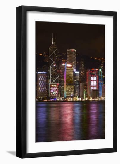 Victoria Harbor and light show on skyscrapers, Central, Hong Kong, China-David Wall-Framed Photographic Print