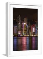 Victoria Harbor and light show on skyscrapers, Central, Hong Kong, China-David Wall-Framed Photographic Print