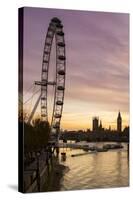 Victoria Tower, Big Ben, Houses of Parliament and London Eye Overshadow the River Thames at Dusk-Charles Bowman-Stretched Canvas