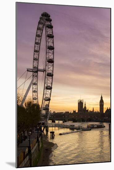 Victoria Tower, Big Ben, Houses of Parliament and London Eye Overshadow the River Thames at Dusk-Charles Bowman-Mounted Photographic Print