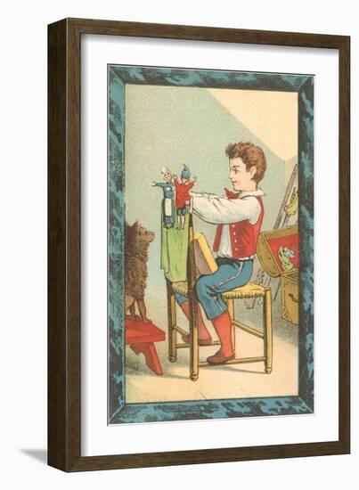 Victorian Boy with Punch and Judy Show for Dog-null-Framed Art Print