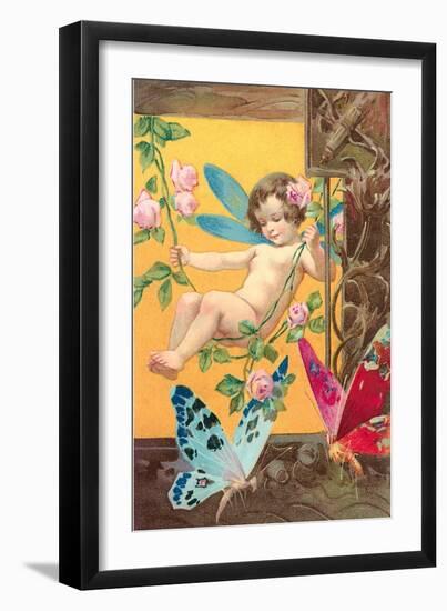 Victorian Cherub Swinging in Roses-null-Framed Art Print