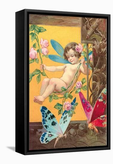 Victorian Cherub Swinging in Roses-null-Framed Stretched Canvas