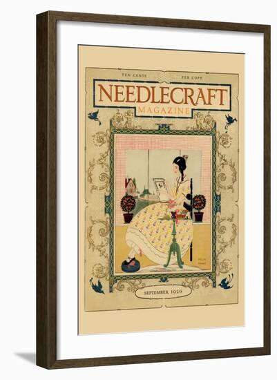 Victorian Girl Does Needlepoint Portrait-Needlecraft Magazine-Framed Art Print