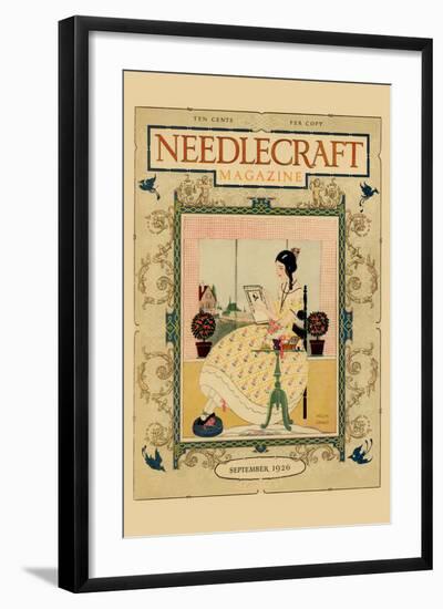 Victorian Girl Does Needlepoint Portrait-Needlecraft Magazine-Framed Art Print