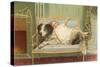 Victorian Girl Lying on St. Bernard on Couch-null-Stretched Canvas