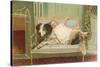 Victorian Girl Lying on St. Bernard on Couch-null-Stretched Canvas