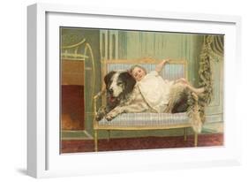 Victorian Girl Lying on St. Bernard on Couch-null-Framed Art Print