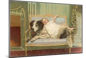 Victorian Girl Lying on St. Bernard on Couch-null-Mounted Art Print