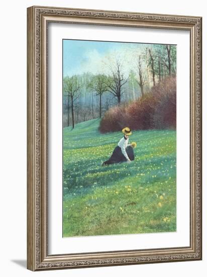 Victorian Lady Picking Flowers in Field-null-Framed Art Print