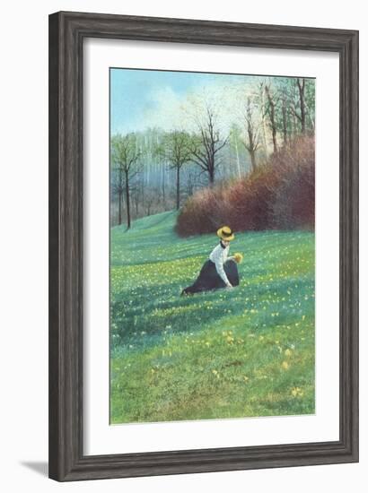 Victorian Lady Picking Flowers in Field-null-Framed Art Print