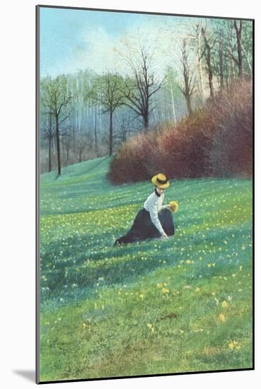 Victorian Lady Picking Flowers in Field-null-Mounted Art Print