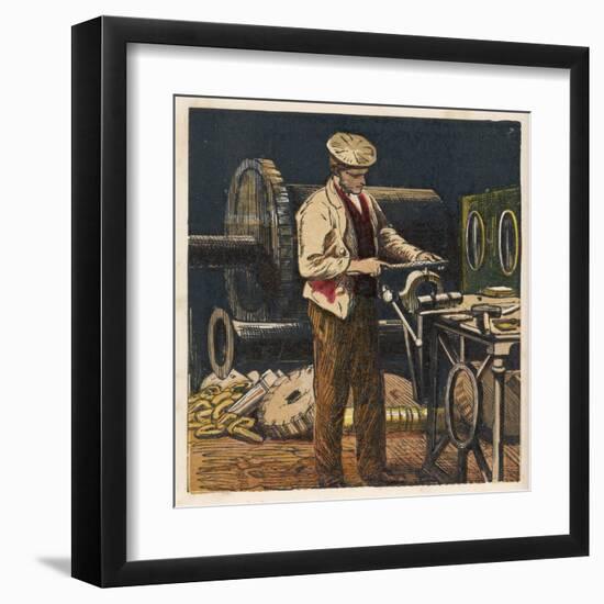 Victorian Metalworker Machining a Part in His Workshop-null-Framed Art Print