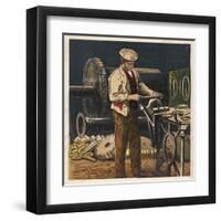 Victorian Metalworker Machining a Part in His Workshop-null-Framed Art Print