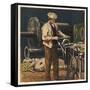 Victorian Metalworker Machining a Part in His Workshop-null-Framed Stretched Canvas