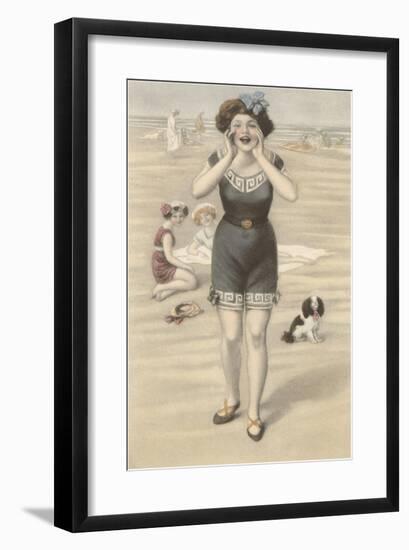 Victorian Woman Shouting on Beach-null-Framed Art Print