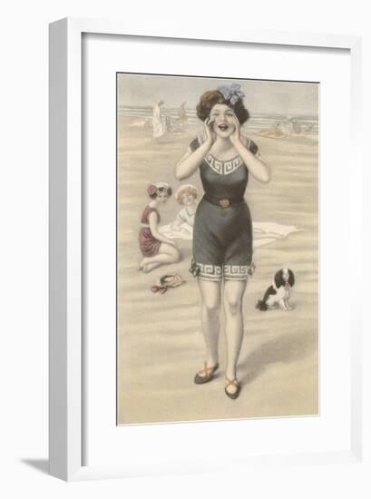 Victorian Woman Shouting on Beach-null-Framed Art Print
