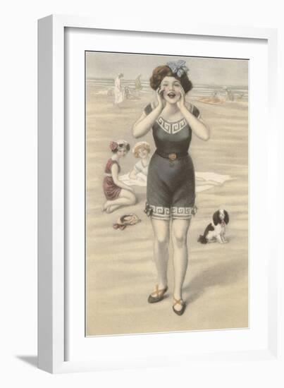 Victorian Woman Shouting on Beach-null-Framed Art Print