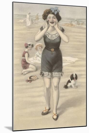 Victorian Woman Shouting on Beach-null-Mounted Art Print