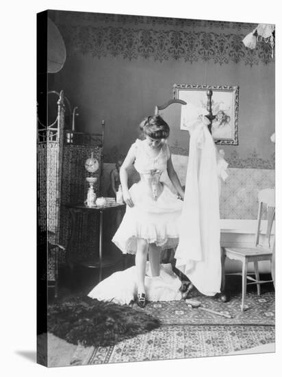 Victorian Woman Undressing in the Bath-null-Stretched Canvas