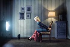 Young Woman Sitting on a Chair in Vintage Interior and Watching Retro TV-viczast-Photographic Print